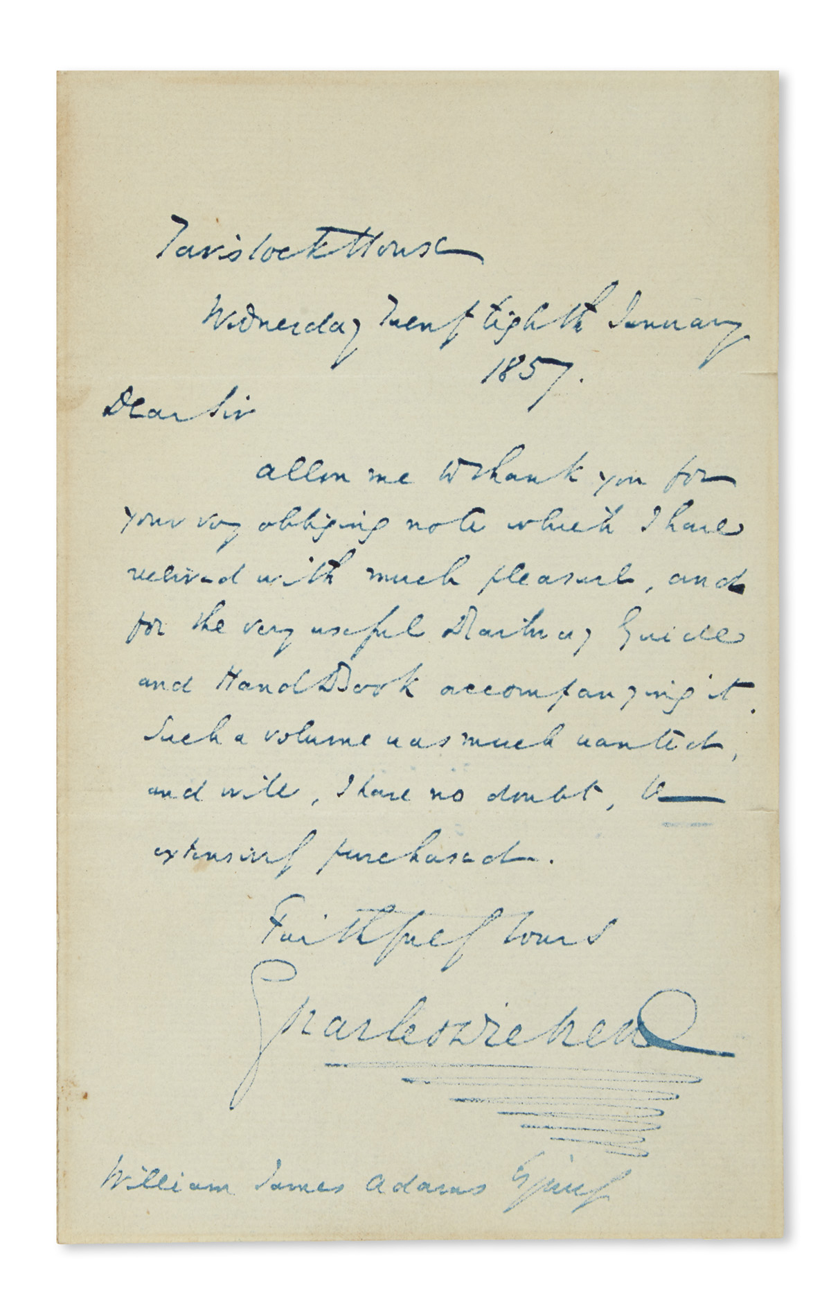 DICKENS, CHARLES. Autograph Letter Signed, to publisher William James Adams, thanking for a gift.